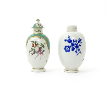 A Worcester tea canister and cover  c.1770, of ovoid form, decorated with sprays of spotted fruit, and with small scattered i