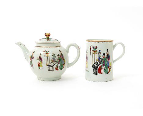 A Worcester teapot and cover  c.1765, decorated in polychrome enamels with the Chinese Family pattern of figures around a low