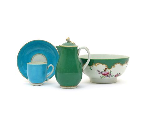A group of Worcester porcelains  c.1765-70, including a slop bowl painted with polychrome flower sprays beneath a shaped gree