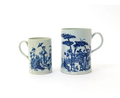 Two large Worcester blue and white mugs  c.1770, the larger printed with the Plantation pattern, the smaller with La Pêche an