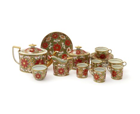 A Minton part tea service  c.1820, richly decorated in pattern 178 with bold orange-red flowerheads amid formal foliate scrol