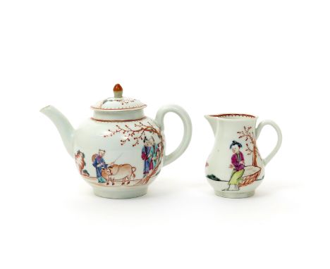 A small Worcester teapot and cover  c.1760-65, the compact globular form painted in polychrome enamels with Chinese figures a