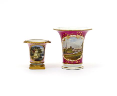 A Flight Barr & Barr miniature vase  c.1820, the flared shape painted with a panel of a thatched cottage with a smoking chimn