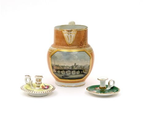 A Chamberlain's Worcester jug  c.1815, painted with an octagonal panel containing a view of the bridge at Worcester, reserved