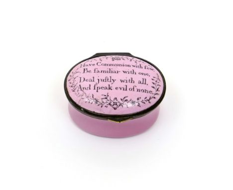 An English enamel patch box  c.1780-90, the oval form inscribed in black to the lid with 'Have Communion with few, Be familia