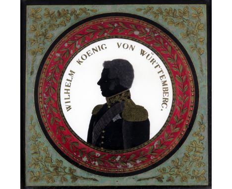 A verre églomisé silhouette portrait of William I of Württemberg  1st half 19th century, his uniform picked out in gilt and s