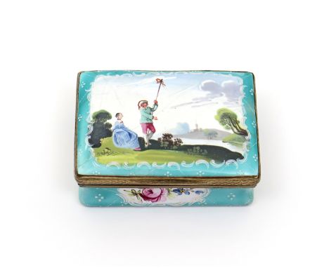 A South Staffordshire enamel snuff box  c.1770, the rectangular lid painted with a figure flying a kite beside a seated lady 