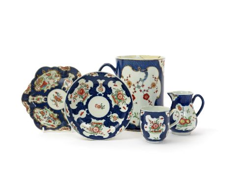 A small group of Worcester blue-scale porcelains  c.1770, including a hexagonal teapot stand decorated in the Rich Kakiemon p