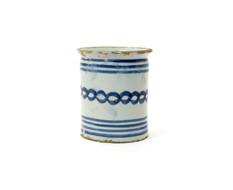 An English delftware apothecary jar  18th century, probably London, the cylindrical body painted in blue with horizontal band