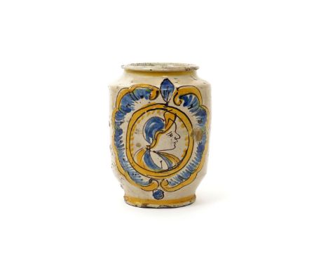 A Sicilian (Caltagirone) maiolica albarello  dated 1784, painted to one side with the profile portrait of a soldier, within a