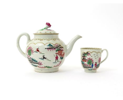 A Worcester teapot and cover  c.1765-68, and a coffee cup, painted with the Stag Hunt pattern, one side with a black dog in p