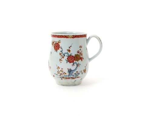 A Worcester bell-shaped mug  c.1756-58, finely decorated in the Kakiemon palette with the Two Quail pattern, the portly pair 