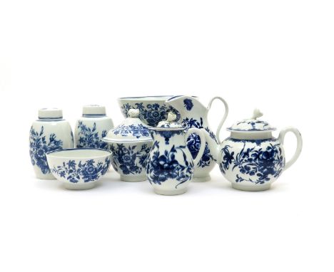 A group of Worcester and Caughley blue and white porcelains  c.1755-75, including a teapot and cover and a jug and cover pain