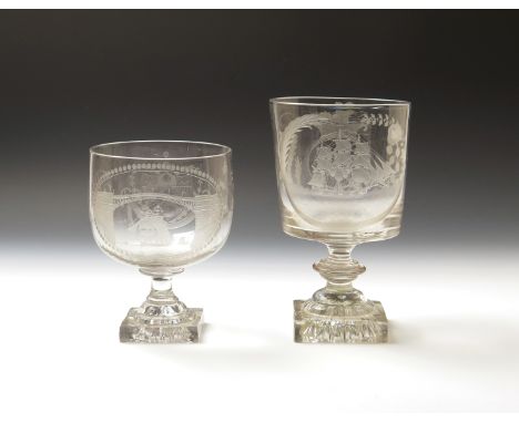 Two large glass rummers with shipping scenes  1st half 19th century, one of straight-sided form and engraved with a large shi