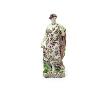 A large and rare Bow figure of the Farnese Flora c.1760, holding a wreath of flowers in her left hand, the edge of her delica