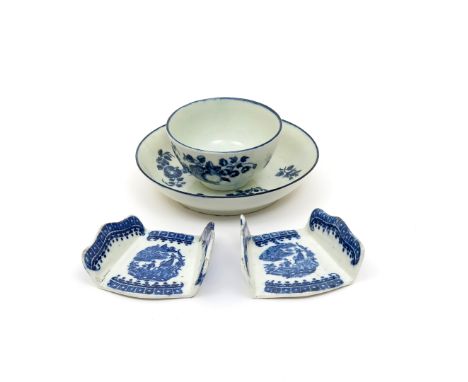 A pair of Caughley blue and white asparagus servers  c.1770-80, printed with the Fisherman and Cormorant pattern, and a Worce