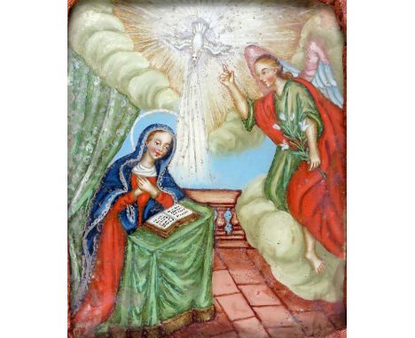 Three small reverse glass or verre églomisé pictures  19th century and earlier, one depicting the Ascension, one a portrait o