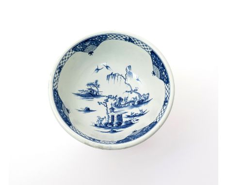 A Worcester blue and white basin  c.1770, the round body with everted rim, painted to the interior with the Willow Bridge Fis