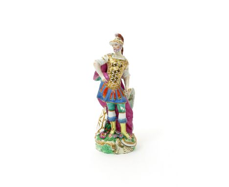 A Chelsea figures of Mars  c.1765, dressed in the manner of a Roman centurion, standing with his right hand on one hip, his l