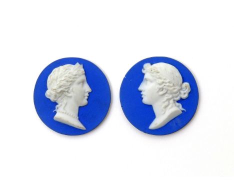 A pair of small Jasperware portrait roundels  late 18th/19th century, each applied with a profile portrait of a young Classic