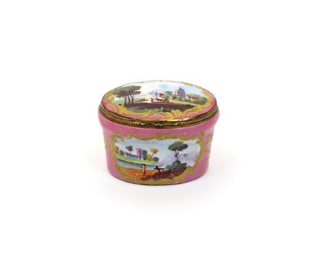 A Bilston enamel snuff box  c.1770-80, of oval tub form, the cover painted with a figure driving a horse and cart before a cl