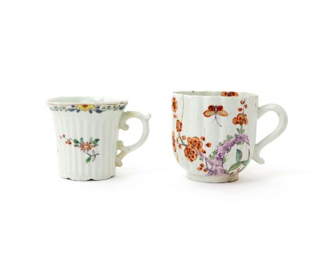 A Worcester reeded coffee cup  c.1753-55, the narrow ribbed form with a flared, lobed rim, painted in the famille verte palet