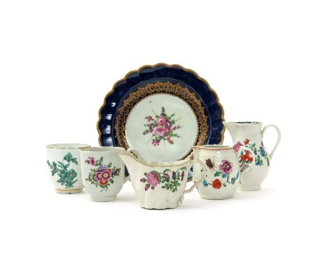 Three Worcester milk or cream jugs  c.1760-75, one of Low Chelsea Ewer shape and painted with European flower sprays, one of 