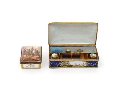 A South Staffordshire enamel writing box  c.1760-70, of rectangular form, the lid painted with a courting couple beneath Clas