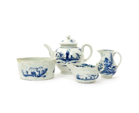 A small collection of Worcester blue and white porcelains  c.1758-70, including a potted meat pot painted in the Leaning Rock