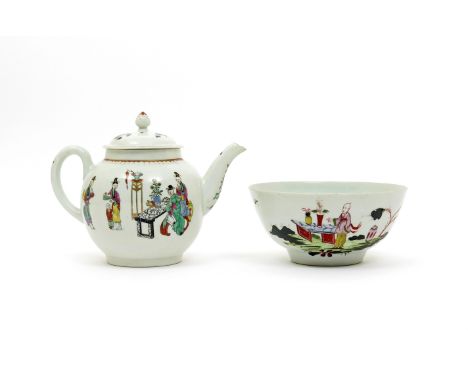 A Worcester teapot and cover  c.1765, decorated with Chinese figures seated at a low table with three further figures standin