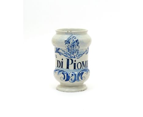 An Italian maiolica drug jar or albarello  c.1720-40, probably Naples, painted in blue with a winged figure holding a sword a
