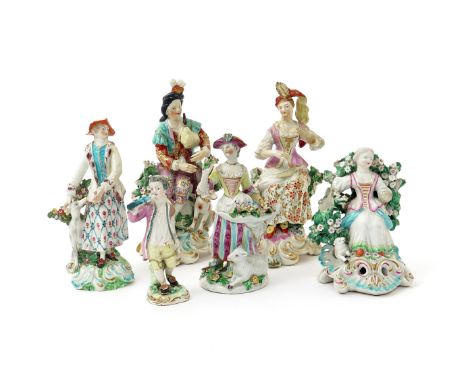 Six English porcelain figures  c.1760-80, including a pair of Derby figures of a musical shepherd and shepherdess, a Derby fi