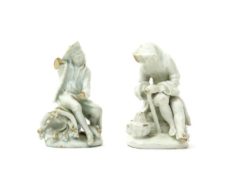 A pair of Bow white-glazed figures from the Seated Rustic Seasons  c.1754-58, emblematic of Autumn and Winter, one of a venda