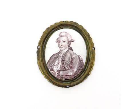 A small Birmingham enamel theatrical portrait plaque c.1780-90, printed in manganese with a portrait of Samuel Reddish in the