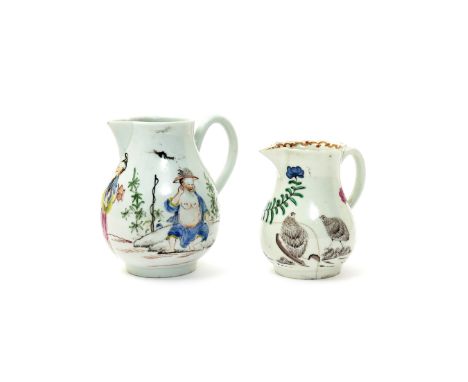 Two Worcester milk jugs  c.1760 and c.1770, the earlier and larger painted in polychrome enamels with a bare-chested Chinese 