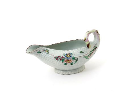 A Worcester leaf-moulded sauceboat  c.1756, modelled as folded lettuce leaves, finely painted with flower arrangements and sc