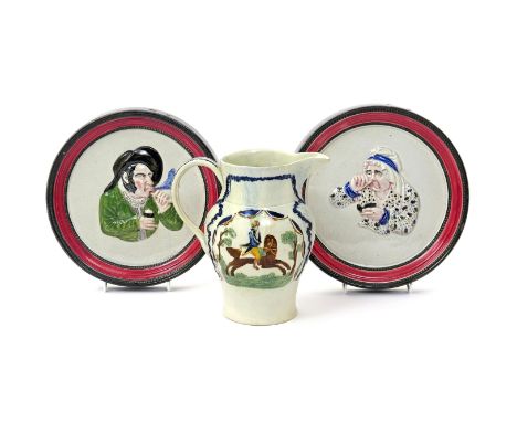 A Pratt ware commemorative jug  c.1795, moulded to two sides with an equestrian portrait, one titled 'Duke of York' the other