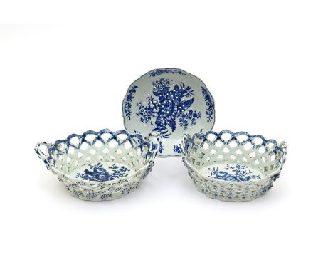 Two Worcester blue and white baskets  c.1765, printed with the Pinecone pattern, the pierced sides applied with small flowerh