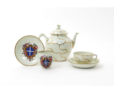 A Worcester teapot and cover with matching teacup and saucer  c.1775, decorated probably in the atelier of James Giles with t