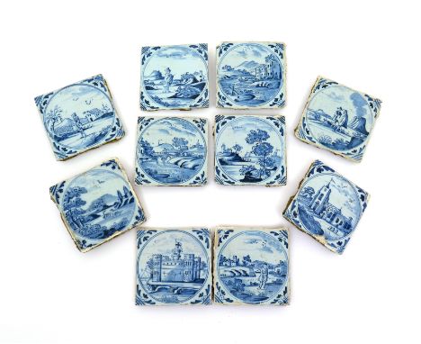 Ten English delftware tiles  c.1750-60, painted in blue with European figures in landscapes, one with a church and another a 