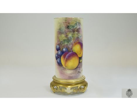 Royal Worcester Fine Hand Painted Cylindrical Shaped Vase ' Fallen Fruits ' Stillife. Signed J Cook. c.1940's. Stands 6.25 In