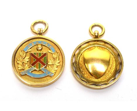 A 9ct yellow gold 1930s Hexham Hospital Cup winners medal, the obverse with enamelled shield shaped plaque within scrolling e