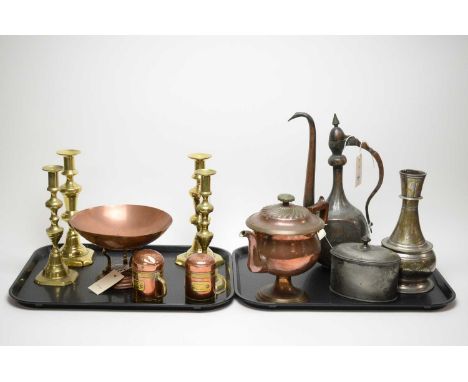 Collectable metal wares, including: Union copper and brass pedestal circular bowl; two pairs of brass candlesticks; Persian p