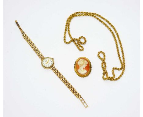 A 9ct yellow gold rope twist chain necklace, 63cms long, 6.1g; together with a Rotary gold cased wristwatch, on 9ct yellow go