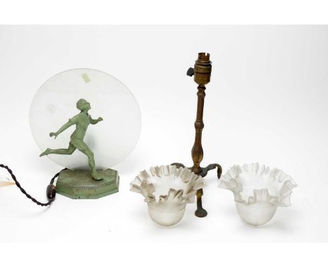 An Art Deco bronzed spelter figural table lamp, modelled as a lady running, with circular frosted glass partition shade, 29cm