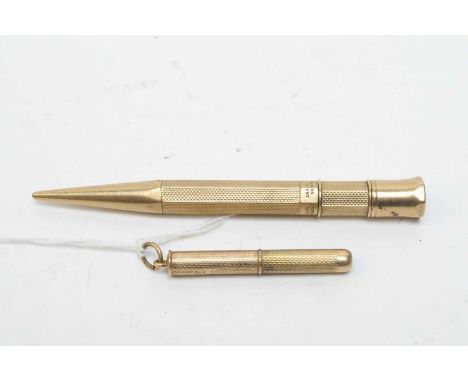 A 9ct yellow gold cased Everpoint propelling pencil, by Sampson Mordan &amp; Co, with engine turned decoration, 9.7cms; and a