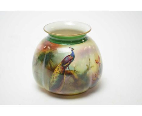 A Royal Worcester peacock vase, with panoramic forest scene illustrating a peacock amidst foliage, painted and printed marks 