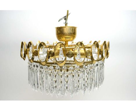 A contemporary gilt metal chandelier ceiling light, with crystal lustre drops, 36cms diameter.