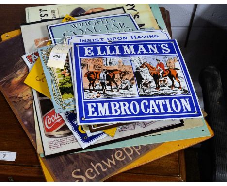 A collection of enamel advertising and other wall signs, including: ‘Heinz’; ‘Brasso’; ‘Colmans Mustard’; ‘Bisto’; and others