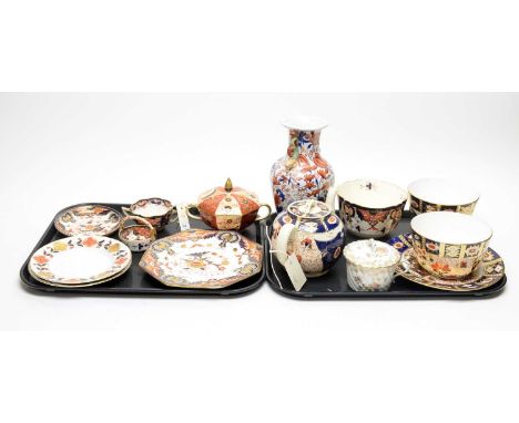 A collection of Davenport Imari palette ceramics, including: circular plates; miniature basket dish; sugar bowl; and other it